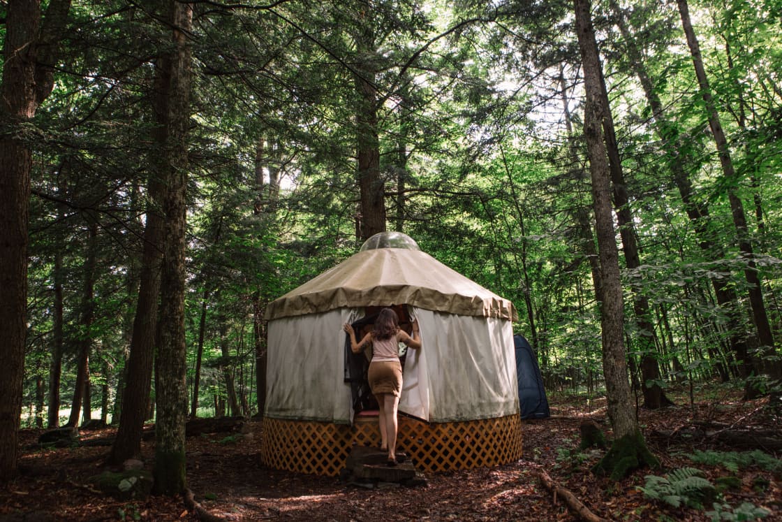 Stepping into the yurt.