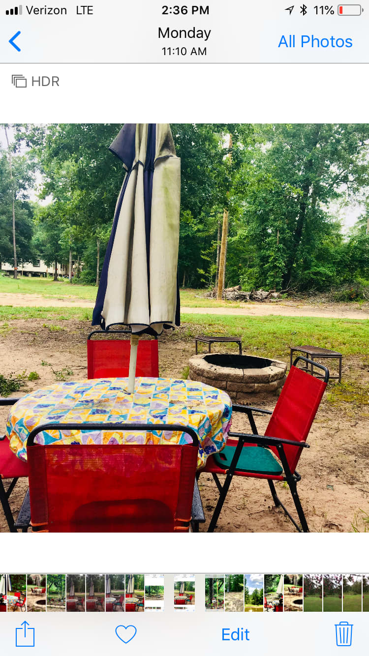 The Gardens.   Area just across from campsite.  Tables, chairs and park bench are perfect for relaxing.  Fire pit is there for roasting hot dogs or marshmallows or just to sit and watch.  