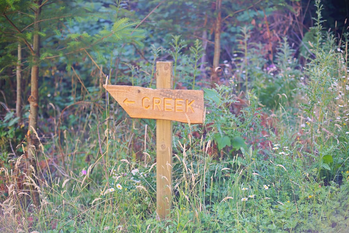 Signs lead the way to a lovely little creek.