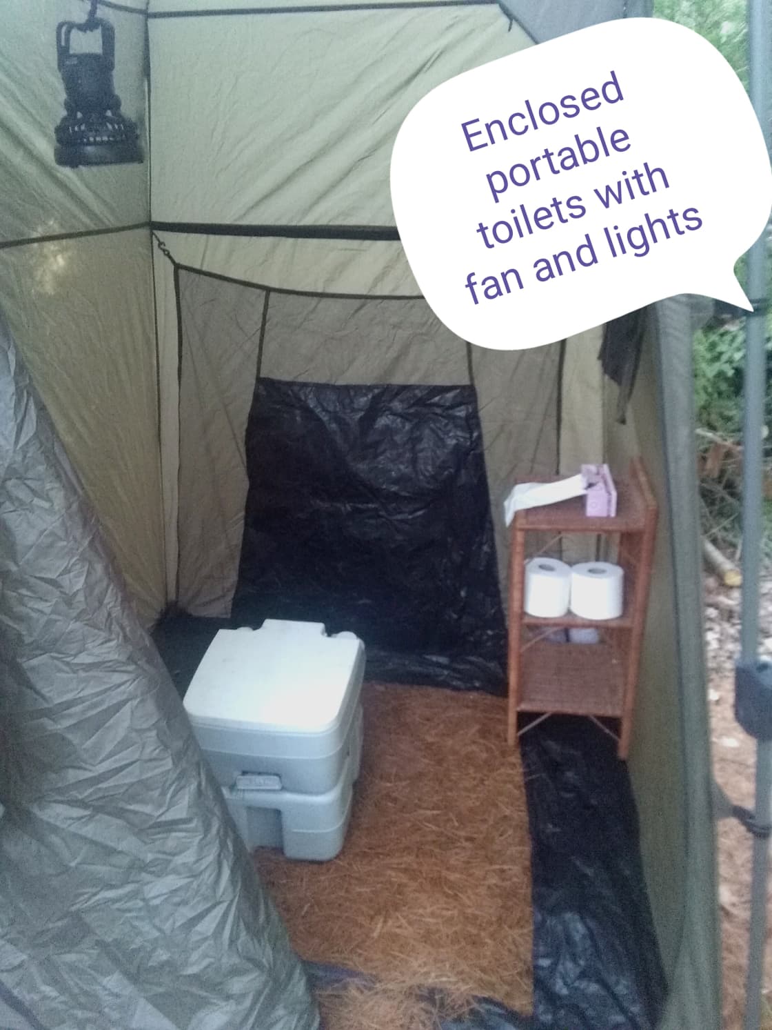 Enclosed portable toilets that flush! Fan and lighting too!