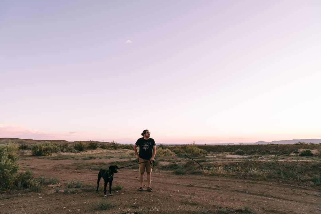 Enjoying sunset, with our dog, Boulder.