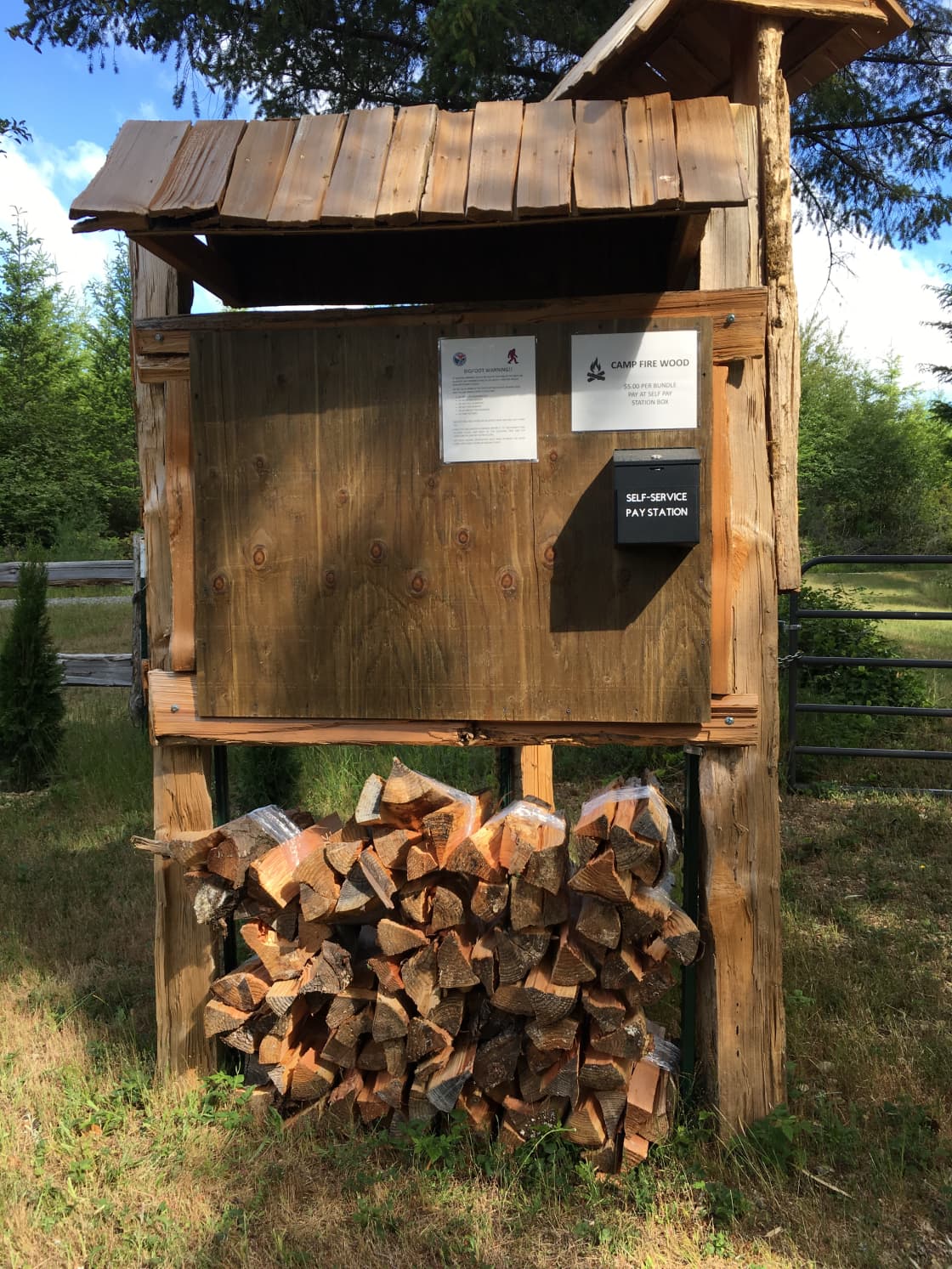 Firewood available for $5 per bundle. Pay at self pay station. Foraging for firewood is permitted.