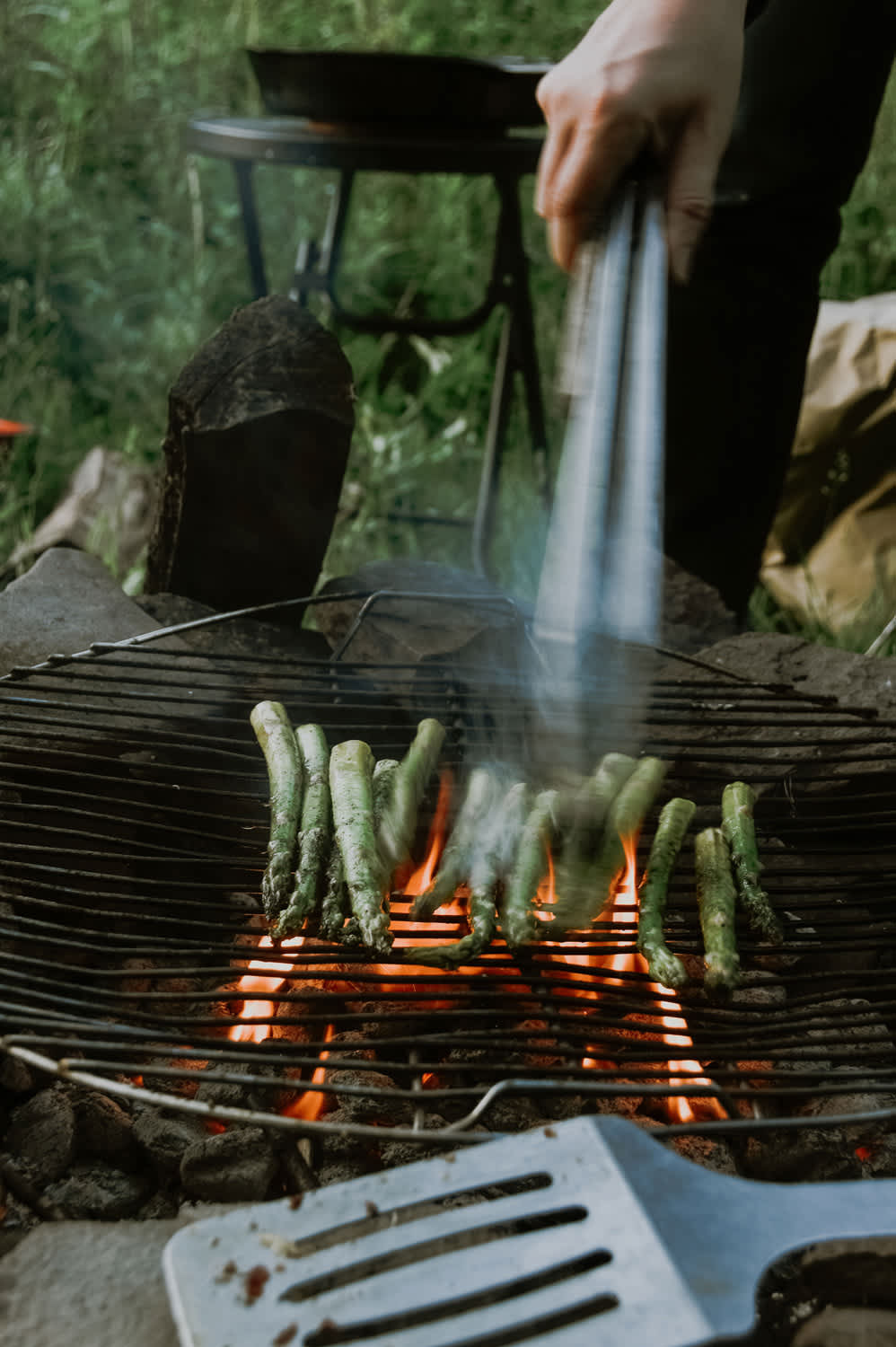 Bonfire cooking of homegrown asparagus.