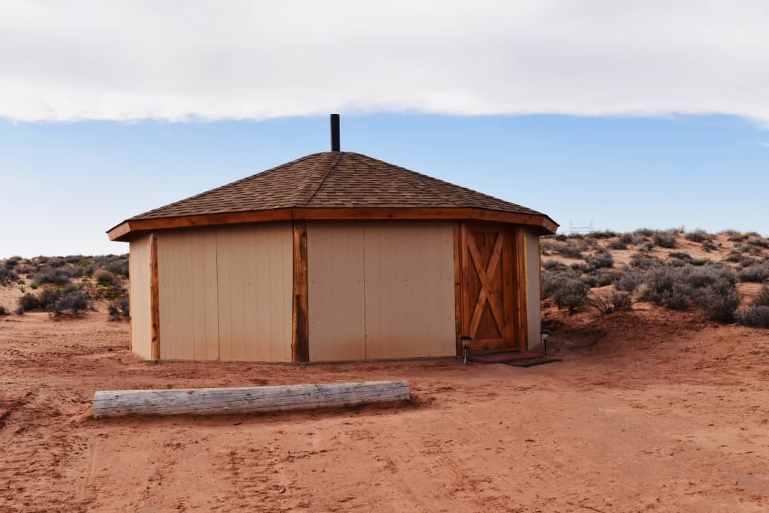Front entrance and parking area of the Navajo Hogan.