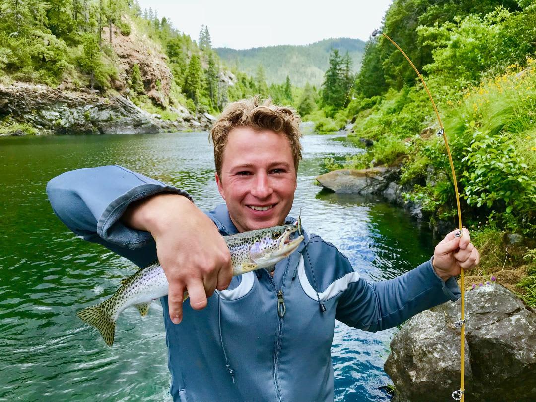 Cut throat trout caught from cement slab at the swimming hole. You must have a valid California fishing license.. We practice "catch and release" here. 