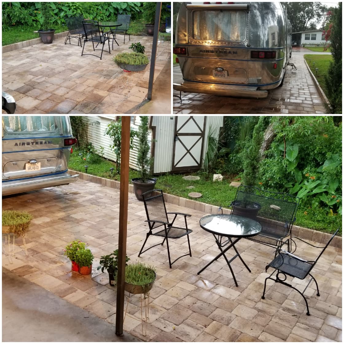 Private patio for your use on level pavers with 30/50 amp electric, grey water drainage, water,  high speed internet and streaming tv.