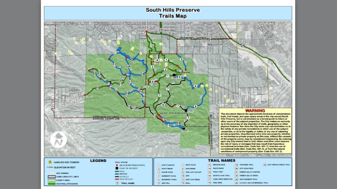 This is the basic map of the trail system located within the preserve , it's about 1/2 mile to the Reche Canyon overlook and from there most of the trails would be downhill from that point 