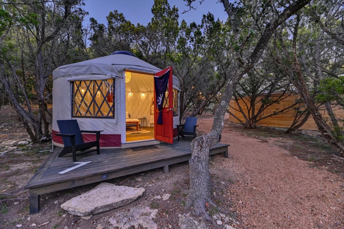 Experience glamping in the Texas Hill Country in one of our Yurts with Comfy Beds, Electricity and Air Conditioning, 