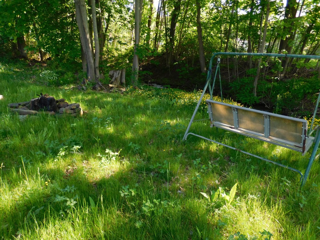 grassy area for tent/s and fire pit, swing, near small stream.  There is also a wooded area to the left that is more rugged terrain but more private where tents could be used