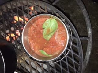 Dinner on Ed’s cooker using some stewed tomatoes from the market + fresh basil from the garden!