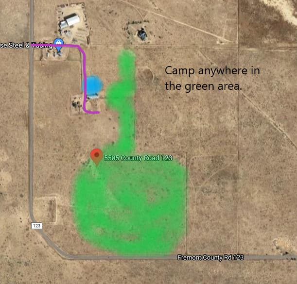 Well water in in the blue next to the fire pit.  Please feel free to camp anywhere outlined in green.  Please don't disturb the tenants at the farm house.