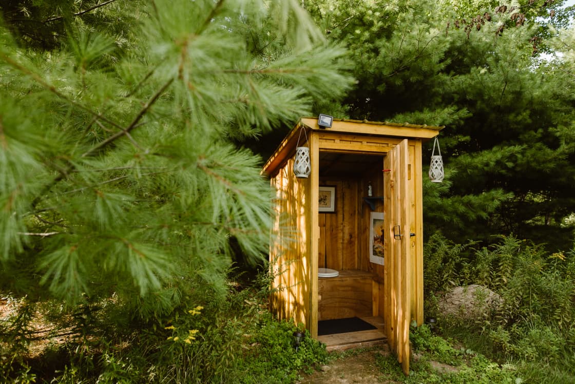 Each campsite has an outhouse. Very clean, with fun photographs and paintings in each outhouse. Each outhouse has a fire extinguisher, wasp repellant, hand sanitizer, and toilet paper.