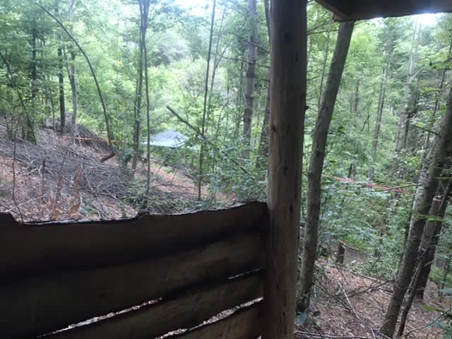 The view of the tree tent from the outhouse with a view :-)