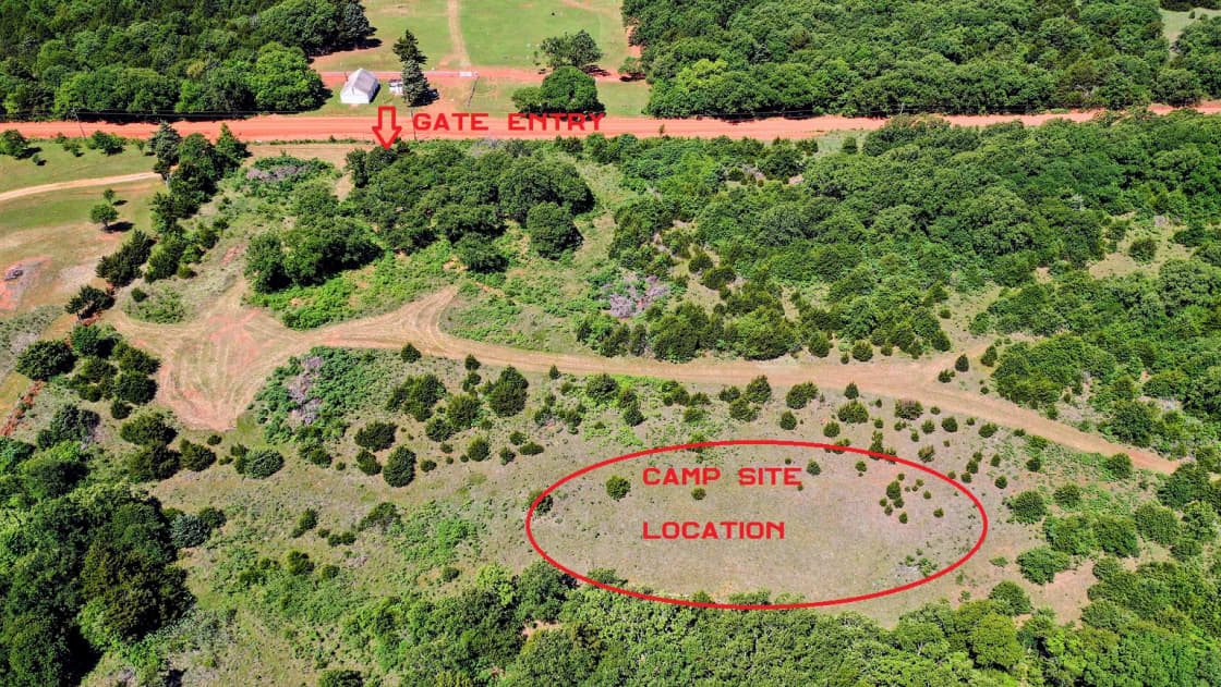 An aerial view of entry location and camp site.  