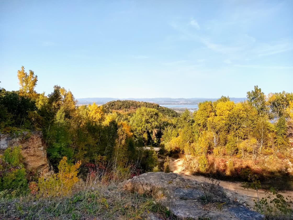 Quarry in the fall. The view from the swing at the scenic overlook on top of the quarry wall.  Trees are starting to change color! 