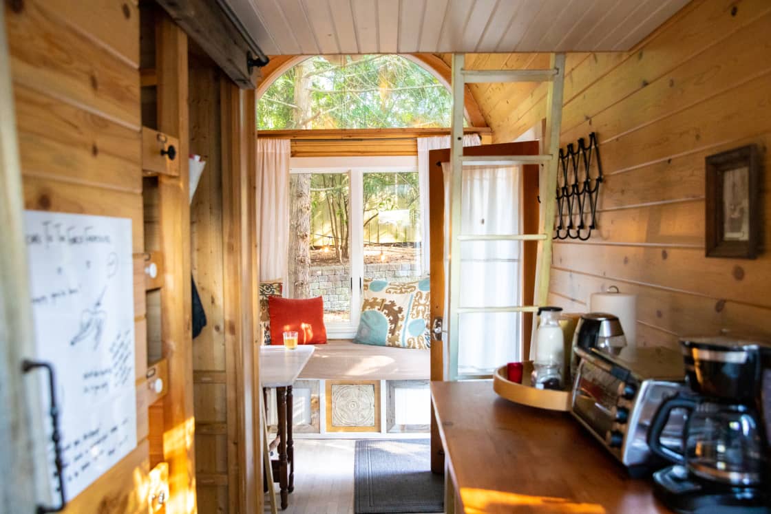Interior of the tiny house as the sun sets