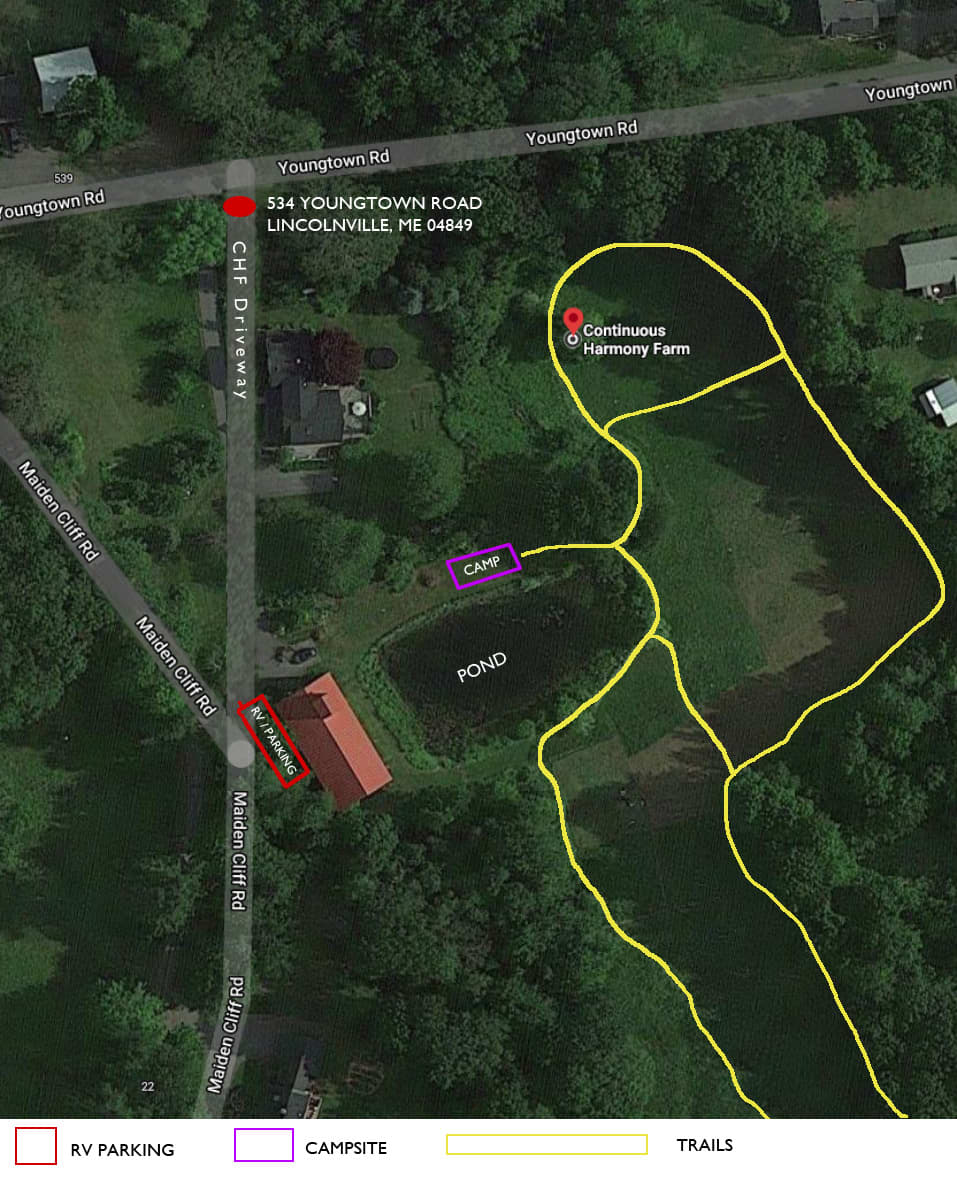 Overview of campsite and parking area. Trails are marked in yellow that extend to the state park.