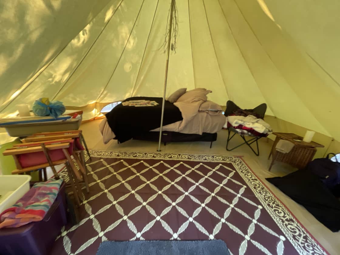 Inside the he Yurt, there are even 2 little lithium battery fans running when you arrive! Plus, in the desk are lots of goodies to play with! Games, books, and even bug spray!