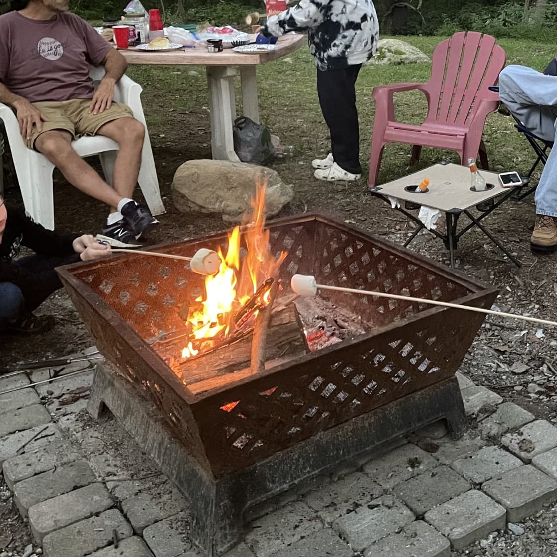 Roasting marshmallows over the fire pit