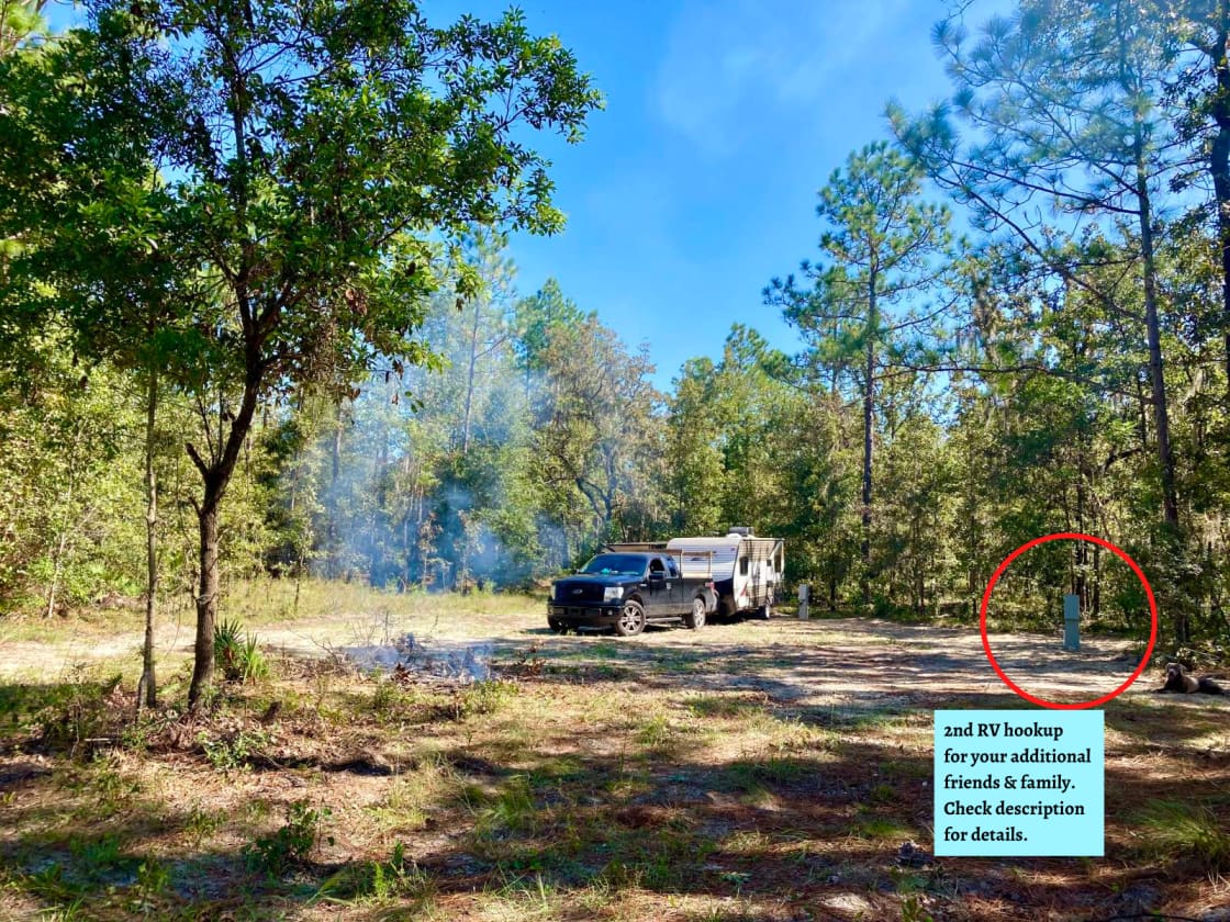 EXAMPLE PHOTO. RV NOT INCLUDED. Dirt campsite where you will be parked. (You can choose which spot you want when you arrive)
There is a 2nd RV hook-up space for rent to bring your accompanying friends/family with their camper. Check description for details. 