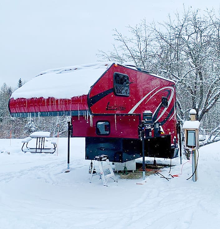 December 20, 2021. Truck camper on the pad at Ellie's. Acadia and MDI offer fantastic x-country skiing in the winter. We offer sewer and electric from Nov 1 to April 30. Photo by Josh T.