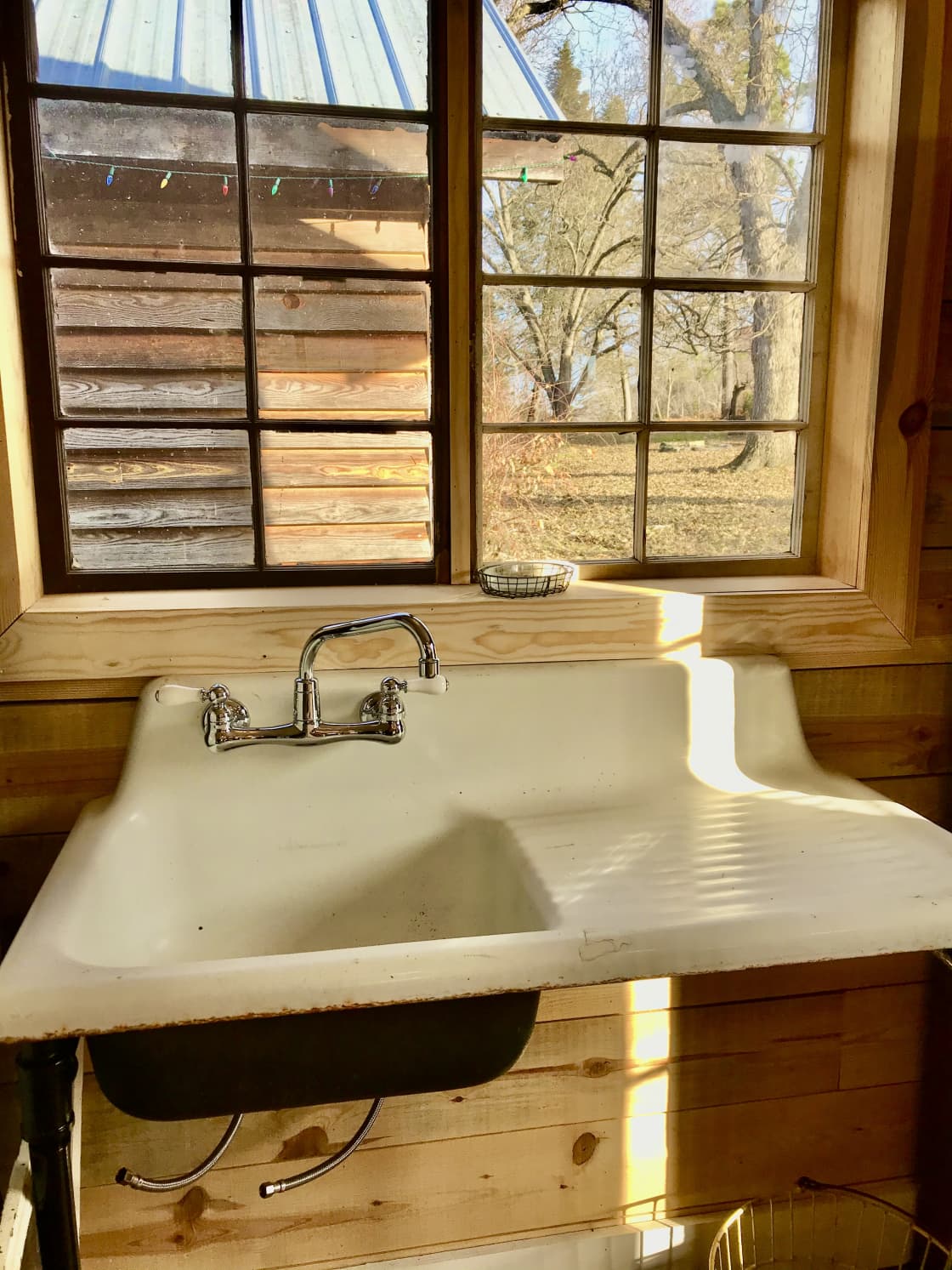 Our antique porcelain sink in the main Farm Store that can be used for preparing simple meals for the grill or wood stove. 