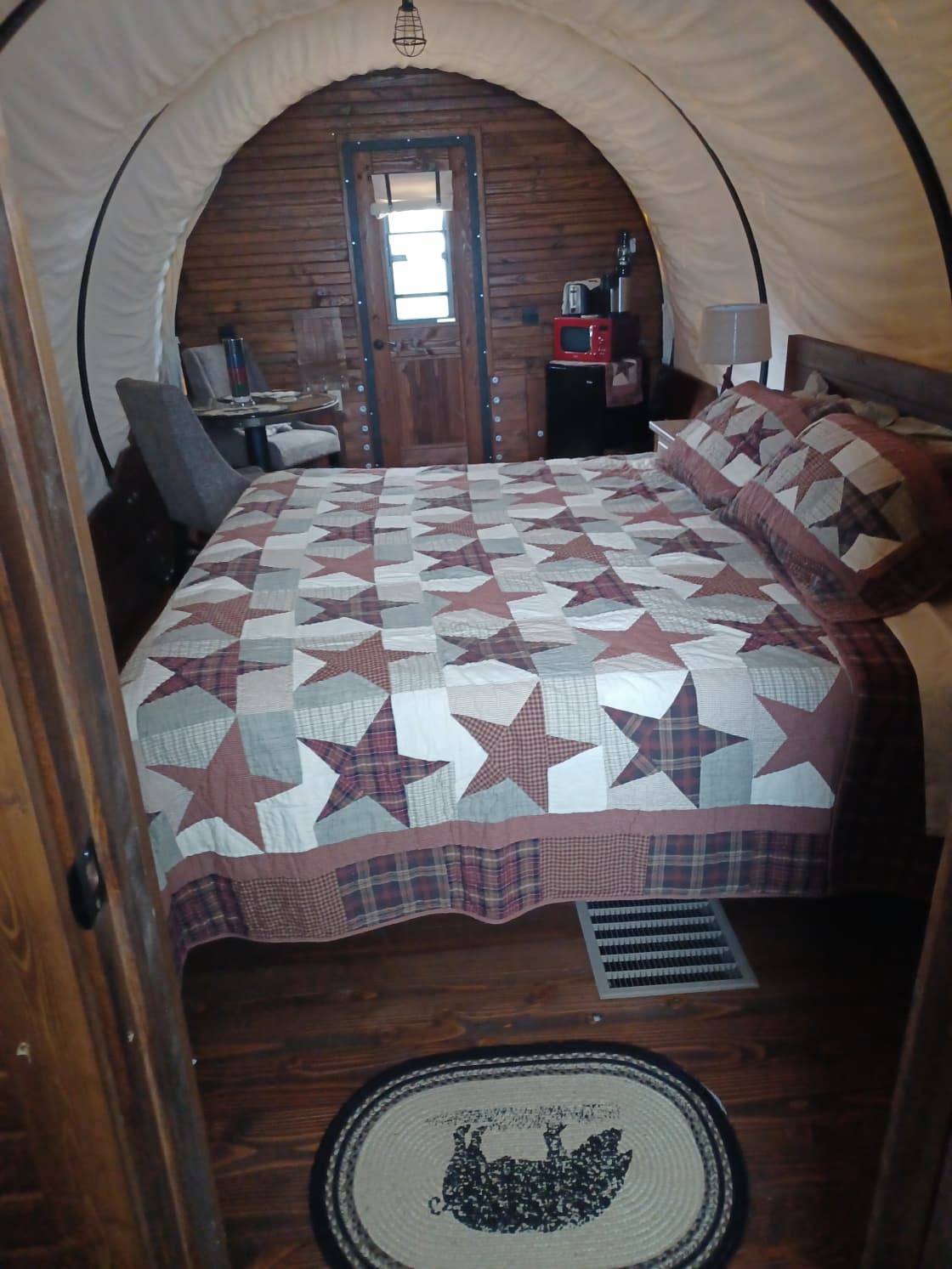 Our REAL handmade 1800's style covered wagons are the cat's meow!  YES, they have A/C, Heat and a bathroom!  Glamping at its finest!