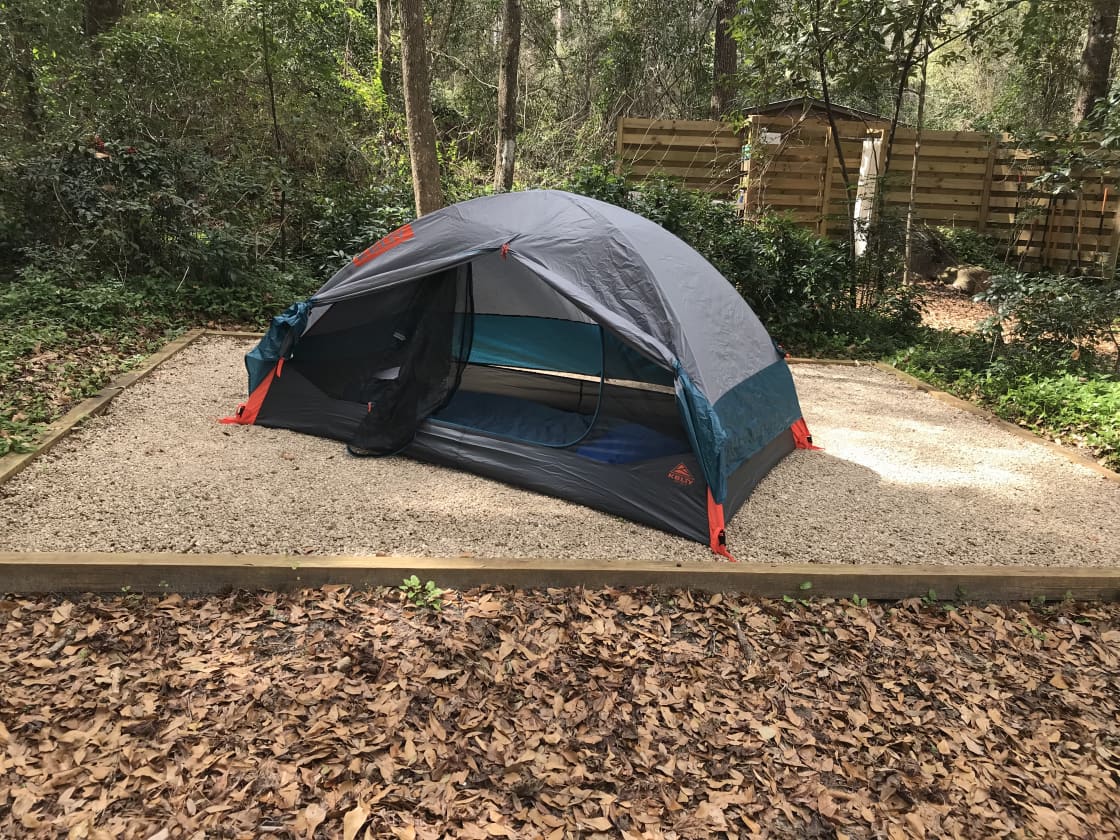 Tent pad #76 with small two person tent. Will fit a large cabin tent. 