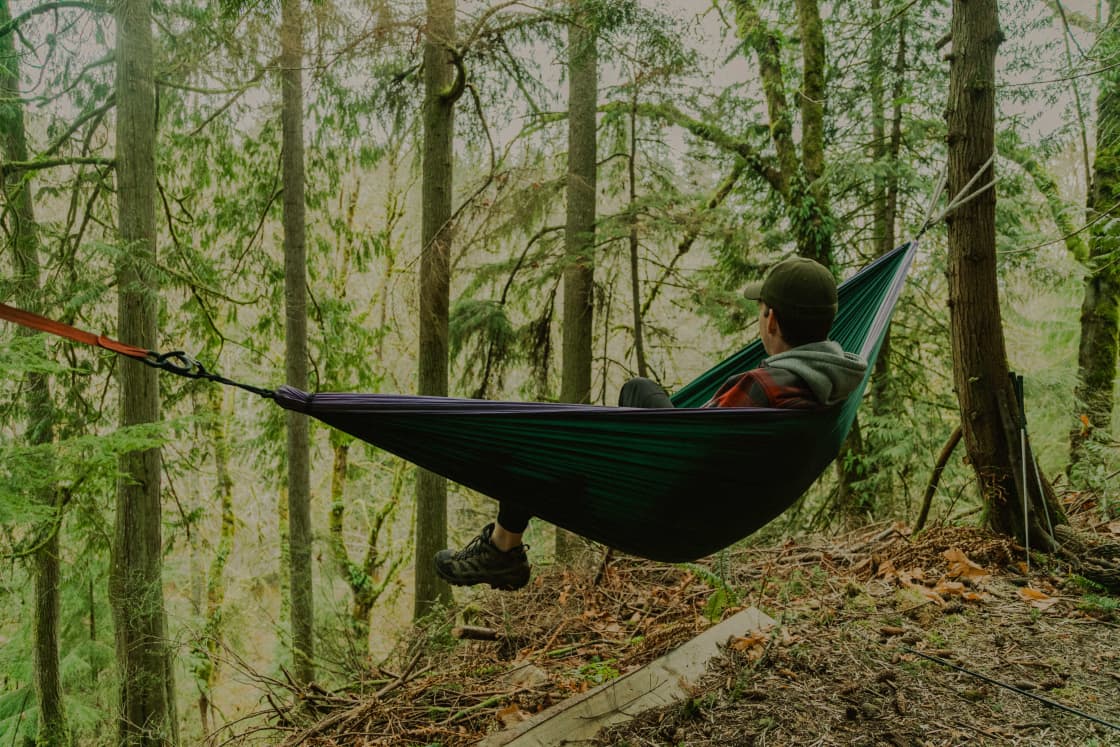 This hammock is set up close to a drop. It's above the creek that flows through so you can relax and just listen to the water below. 