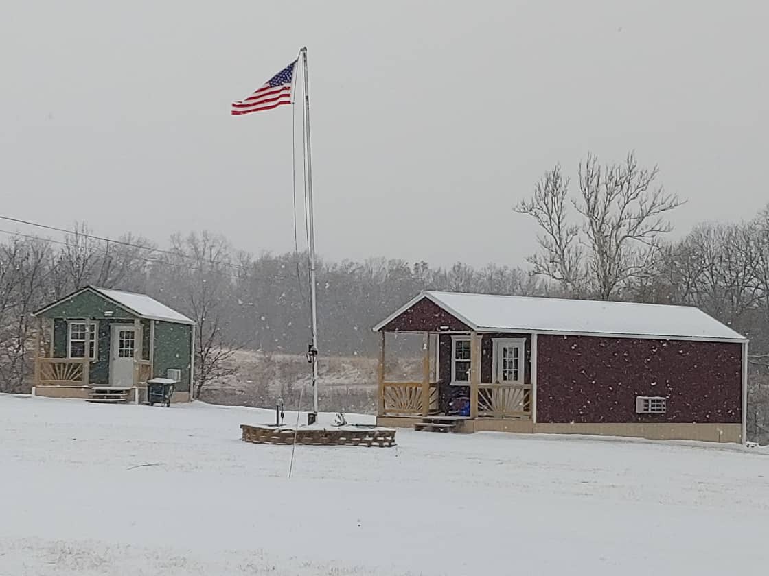 Cabin 1 and Cabin 2 on a wintry day