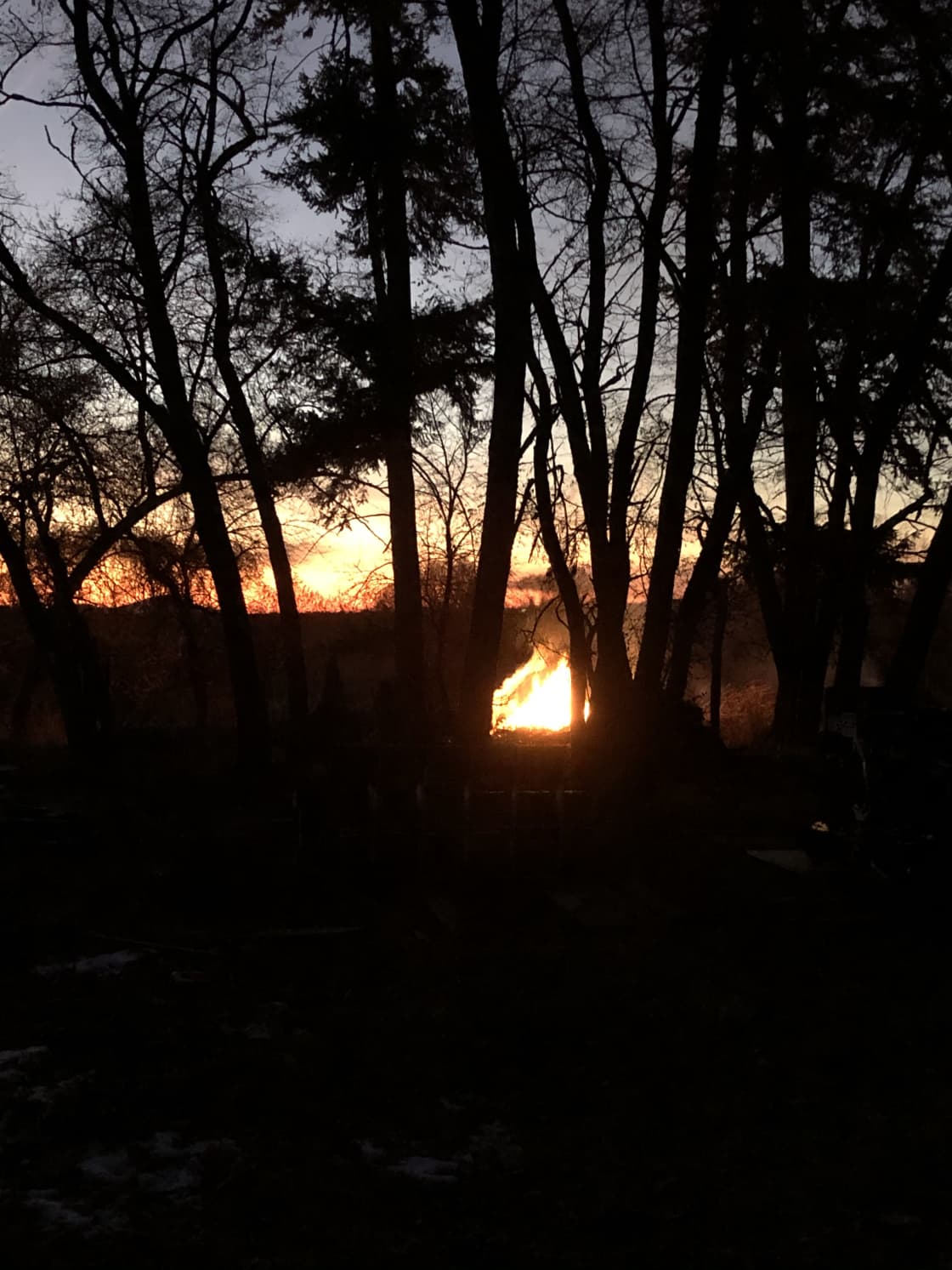 A fire at sunset.