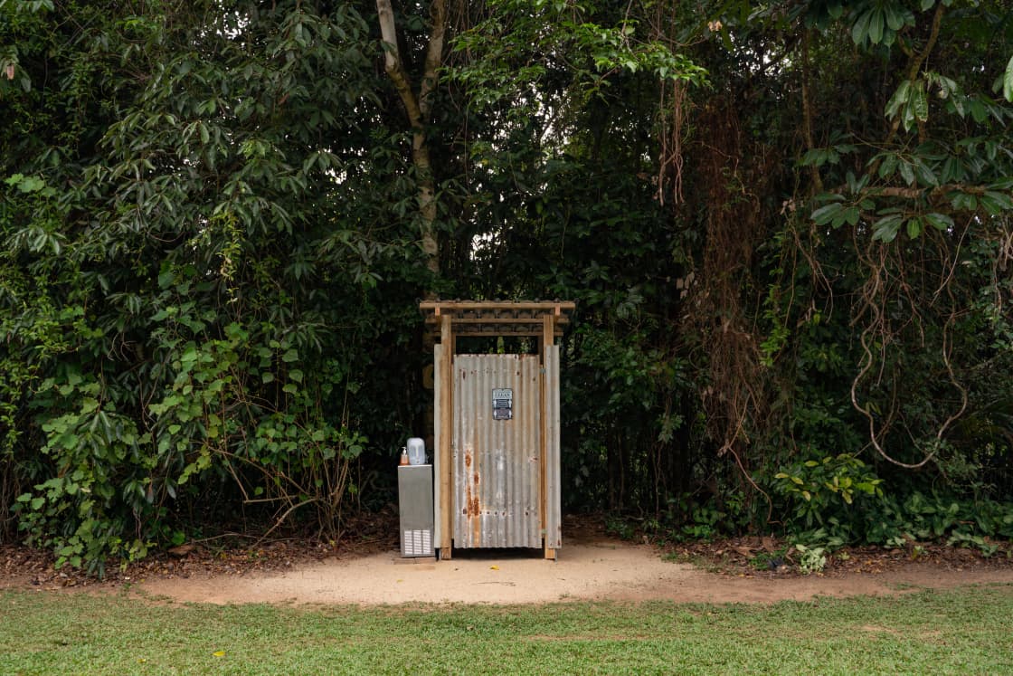 A portable toilet surrounded by a tropical rainforest