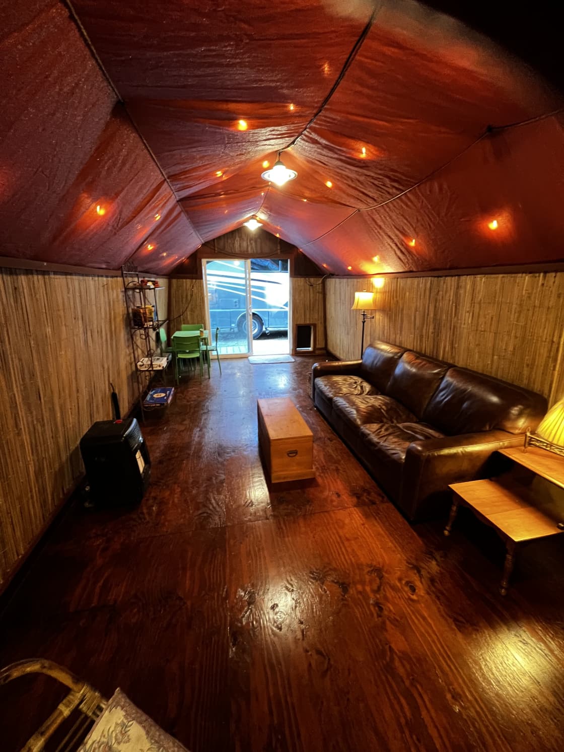 The Tiki Tent. You can set up your camping tent inside of this room if the weather is too wet and cold!
