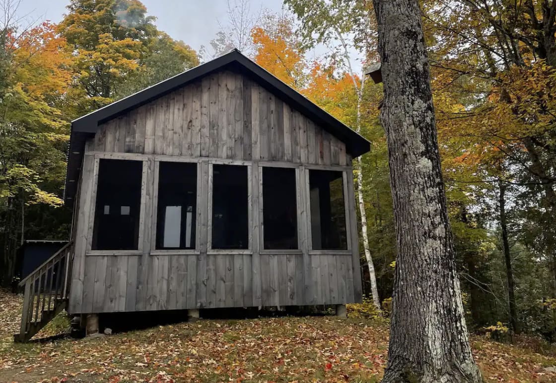 The cabin exterior, pictured in the autumn