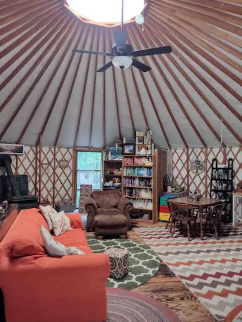 Newly added ceiling fan with light gives the yurt air movement and a warm glow at night. You still get the camping vibe, but with some added creature comforts. 