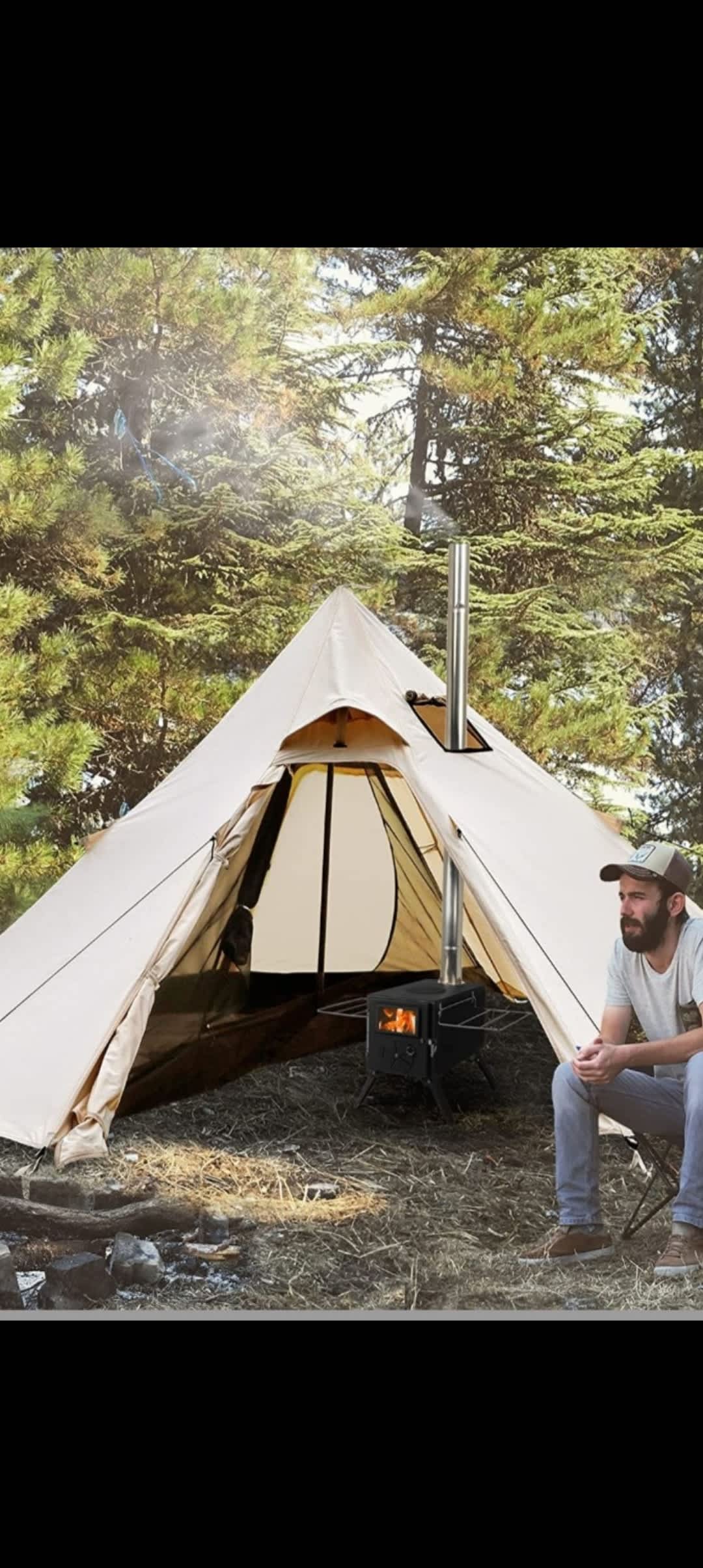 Tent with wood stove for use only in colder temperatures on open area of campgrounds