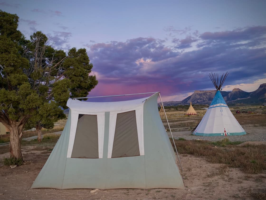 We also have this canvas Springbar Tent already setup to rent.  The Views area is in the distance where you see the Tipi in front of Mesa Verde. 