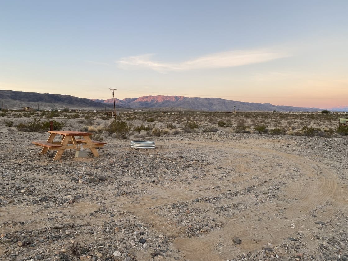 Site #2 Pull-through and around. For smaller rigs. (Joshua Tree National Park mountains in the background of photo.)