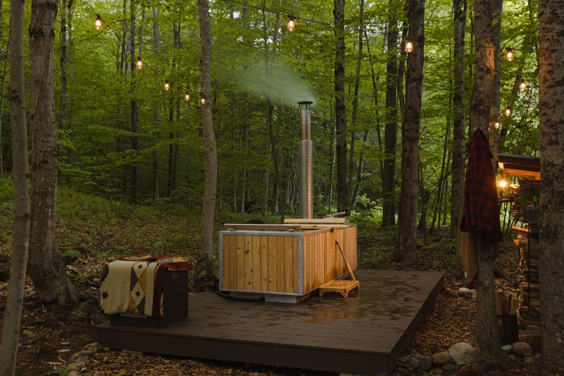 Wood-fired hot tub for forest soaks. Take forest bathing to a whole new level! 