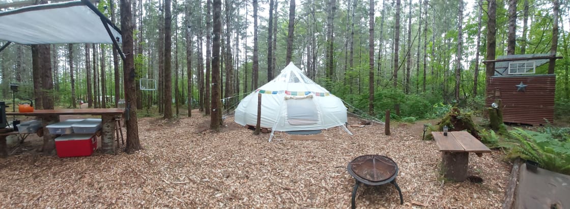 The Lotus tent is set in it's own part of Elfendahl forest so you can enjoy our whimsical woods in privet, or if you choose, you can hang out in the common areas with other guest.