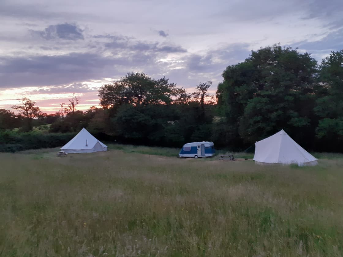 The 2 bell tent and the caravan kitchen