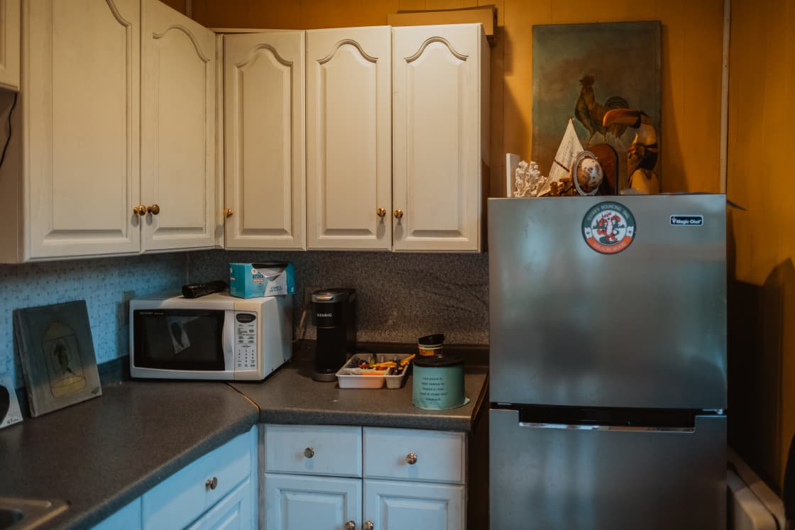 Kitchenette with microwave, fridge, Keurig, etc.