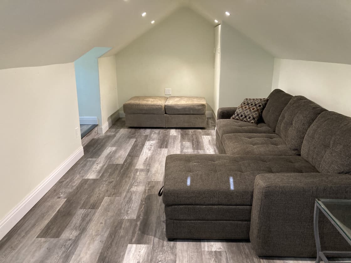 Relax in the loft or banish the kids here for some quiet time! Couch folds out into a bed and we have an additional queen mattress. We can sleep 6+. 