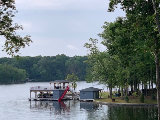 View of the northwest side of the dock, including the waterslide