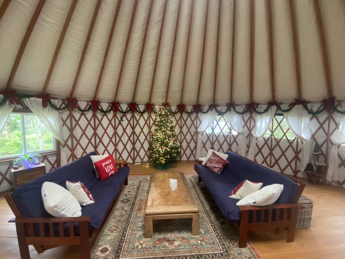 December 10, 2023 update—we put up curtains in the yurt. 