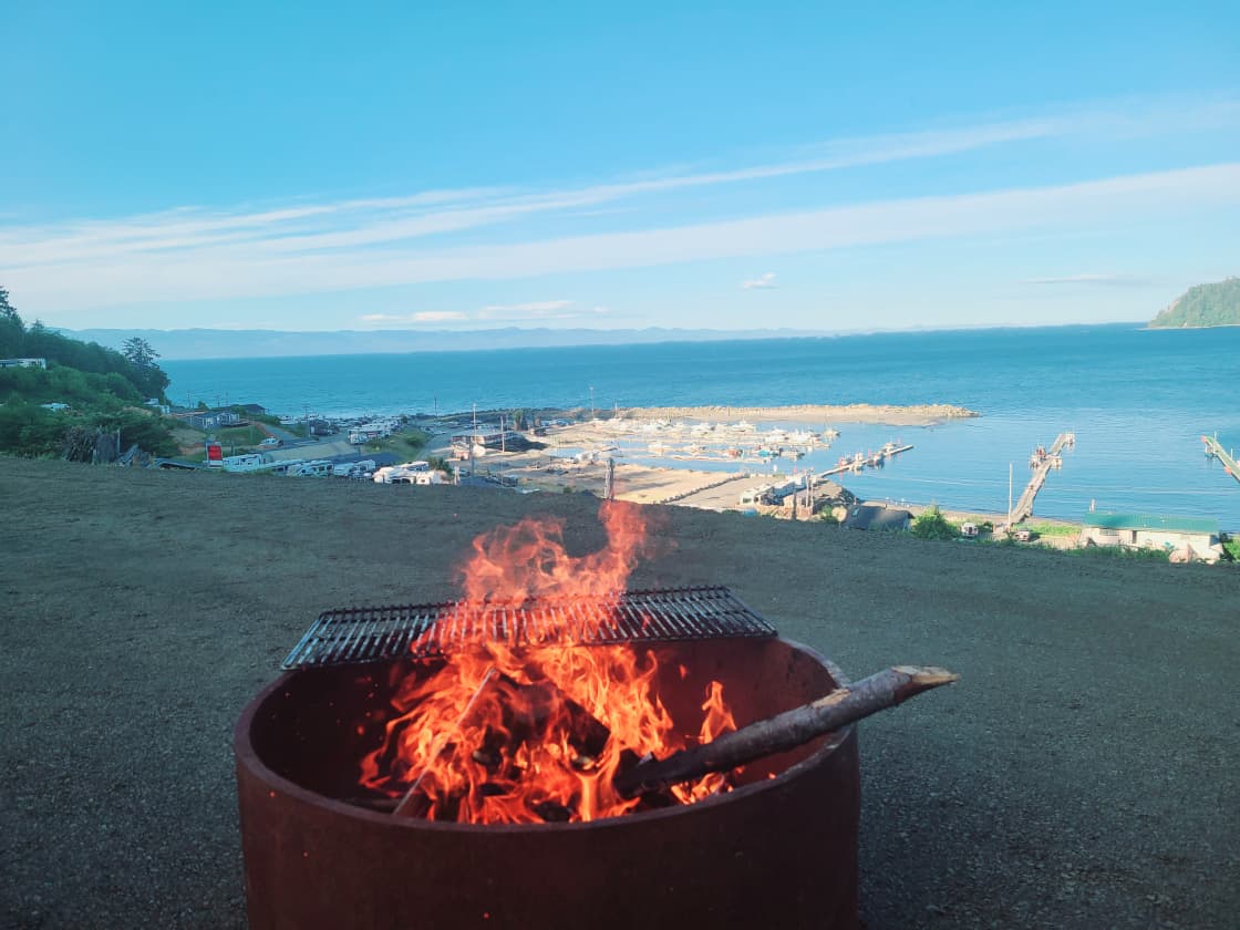 Enjoying the fire and view.