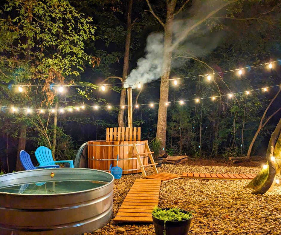 The spa at night. Enjoy our outdoor spa's wood-fired hot tub & plunge pool.