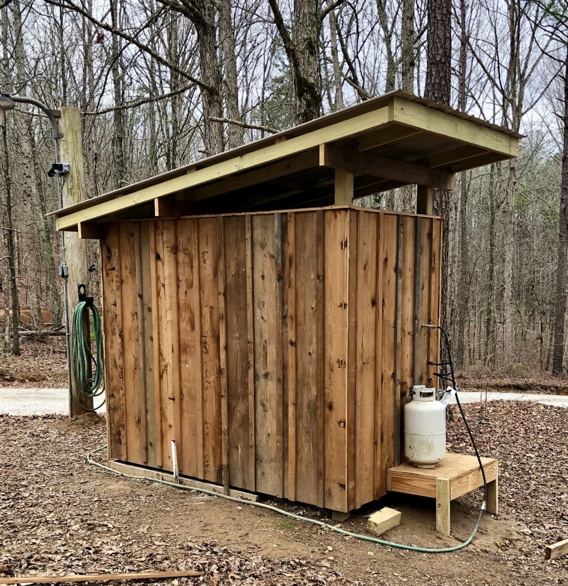 Our on-demand camp shower with hot water.