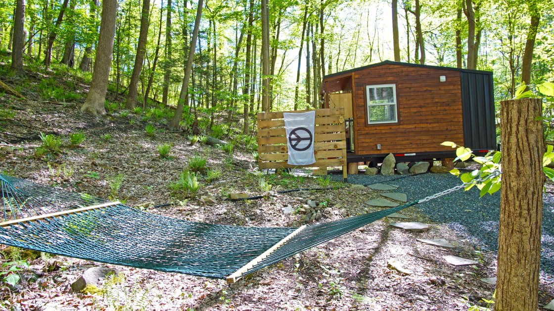 The tiny house has a hammock for relaxing and dedicated parking spot (gravel area to the right)
