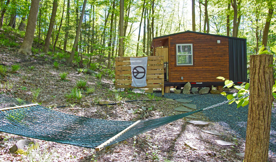 The tiny house has a hammock for relaxing and dedicated parking spot (gravel area to the right)